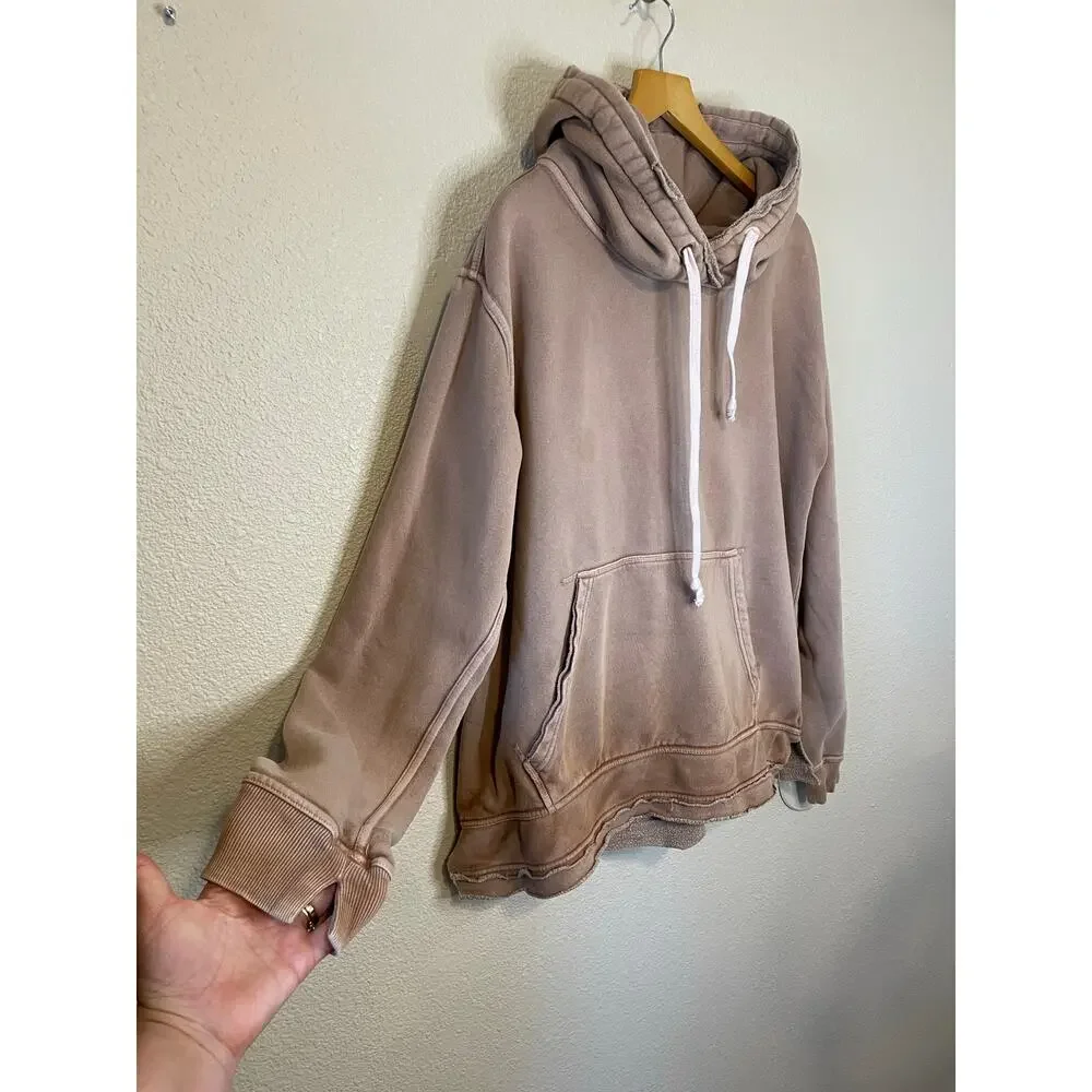 Free People We The Free Zuma Hoodie Sweatshirt Washed Brown Large Distressed